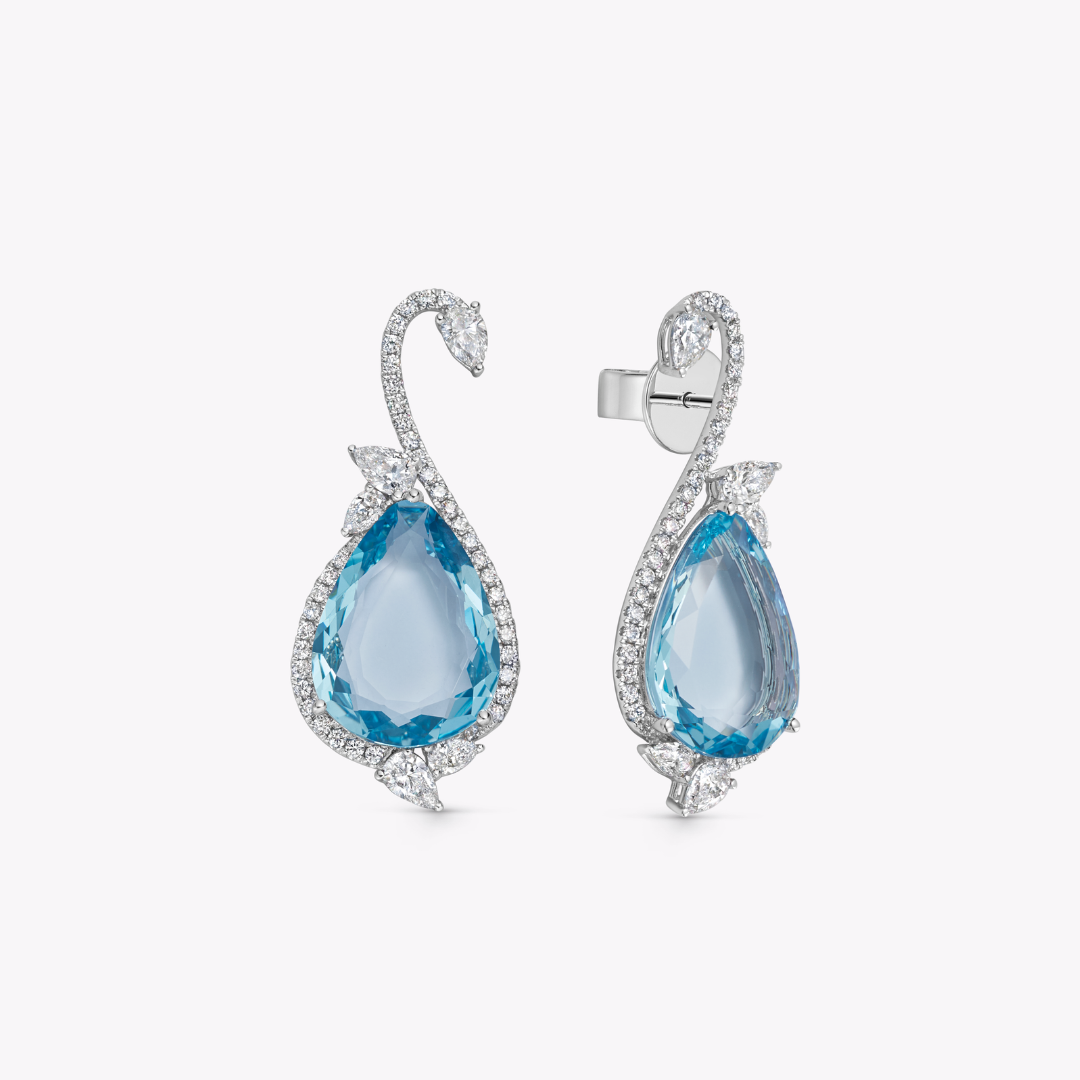 Wings Over Water Pear Aquamarine and Diamond Swan Earrings