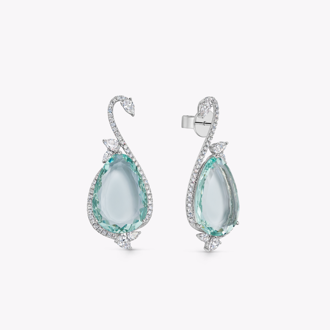Wings Over Water Pear Green Beryl and Diamond Swan Earrings