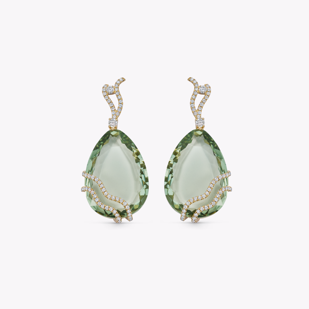 Wings Over Water Pear Green Amethyst and Diamond Wave Detail Earrings