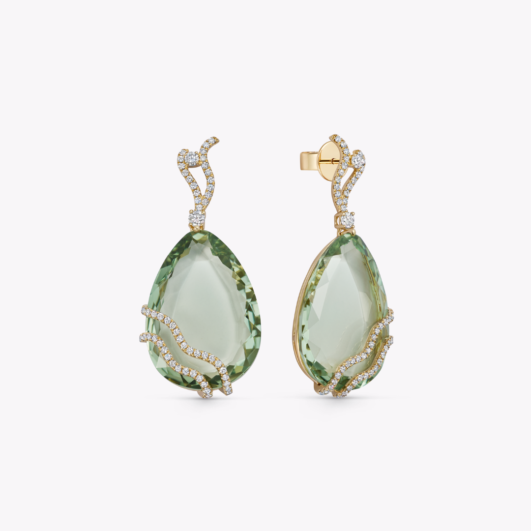 Wings Over Water Pear Green Amethyst and Diamond Wave Detail Earrings