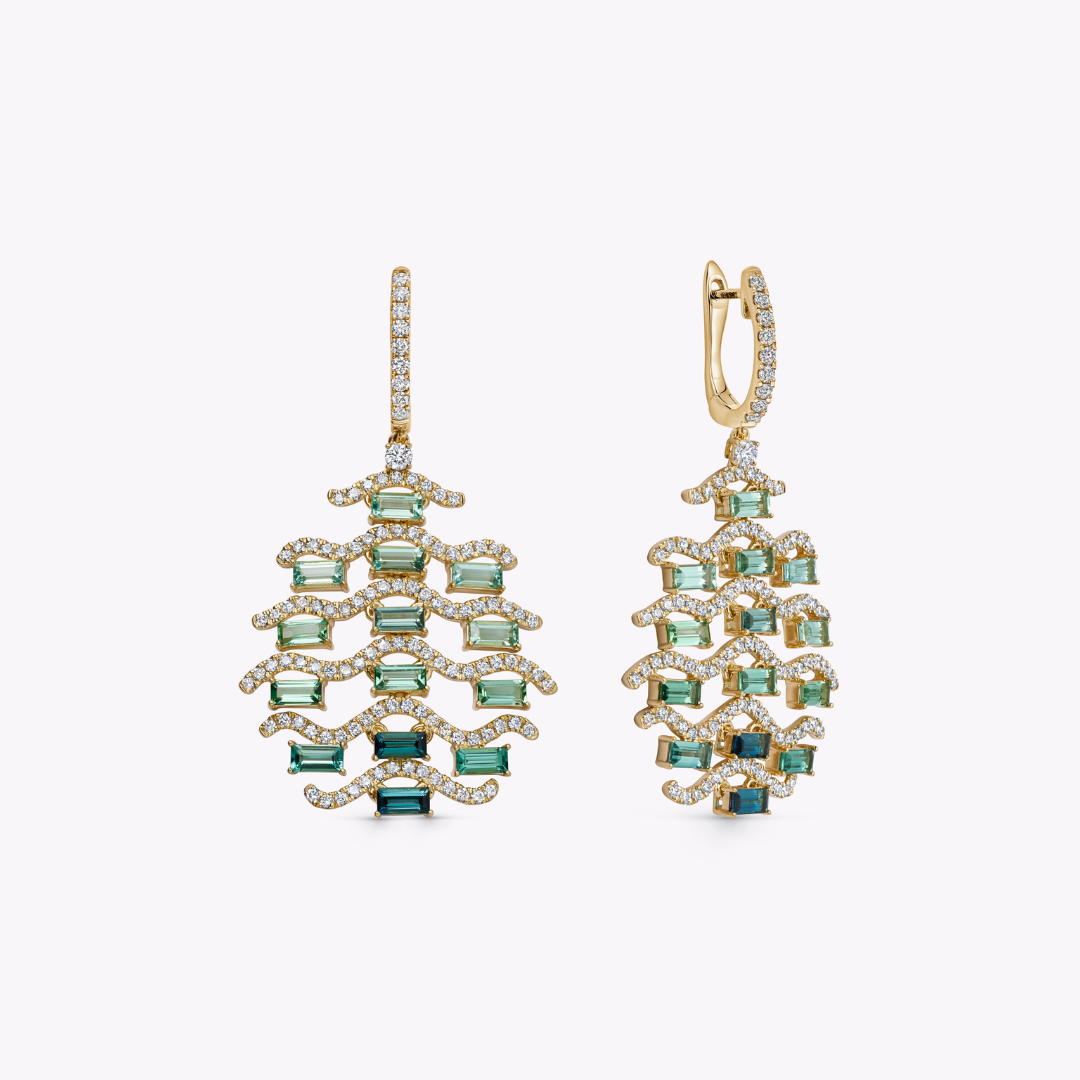 Wings Over Water Graduated Green Tourmaline and Diamond Wave Detail Earrings