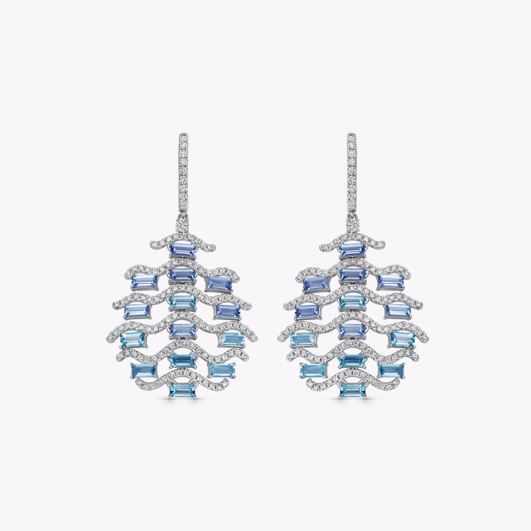 Wings Over Water Graduated Tanzanite, Aquamarine and Diamond Wave Detail Earrings