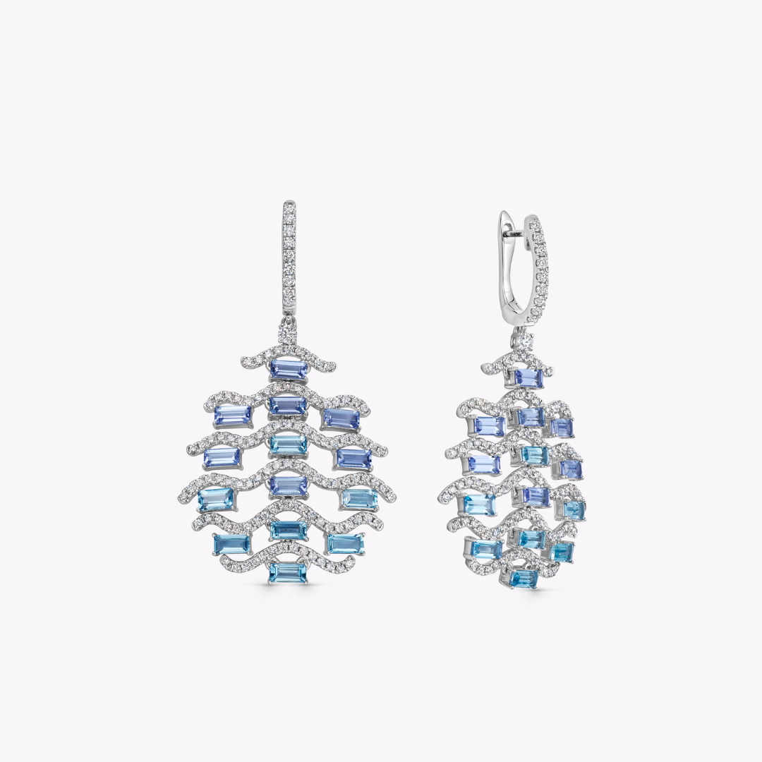 Wings Over Water Graduated Tanzanite, Aquamarine and Diamond Wave Detail Earrings