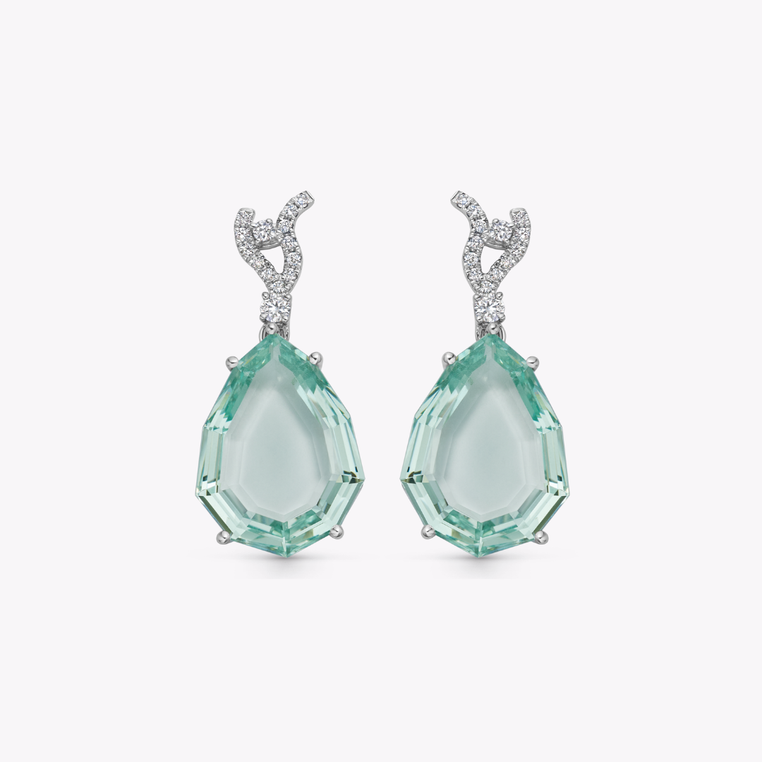 Wings Over Water Pear Green Beryl and Diamond Wave Detail Earrings