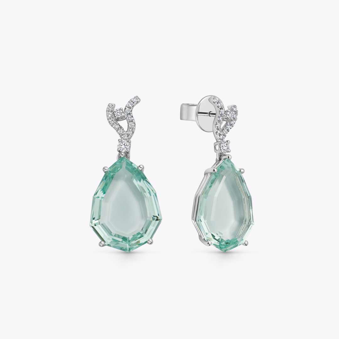 Wings Over Water Pear Green Beryl and Diamond Wave Detail Earrings