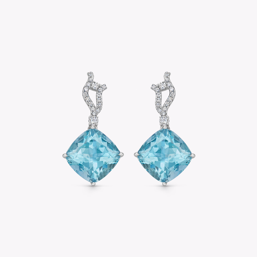 Wings Over Water Cushion Aquamarine and Diamond Wave Detail Earrings