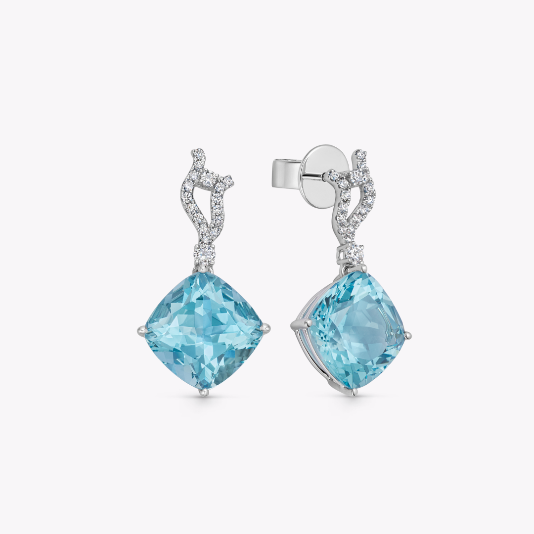 Wings Over Water Cushion Aquamarine and Diamond Wave Detail Earrings