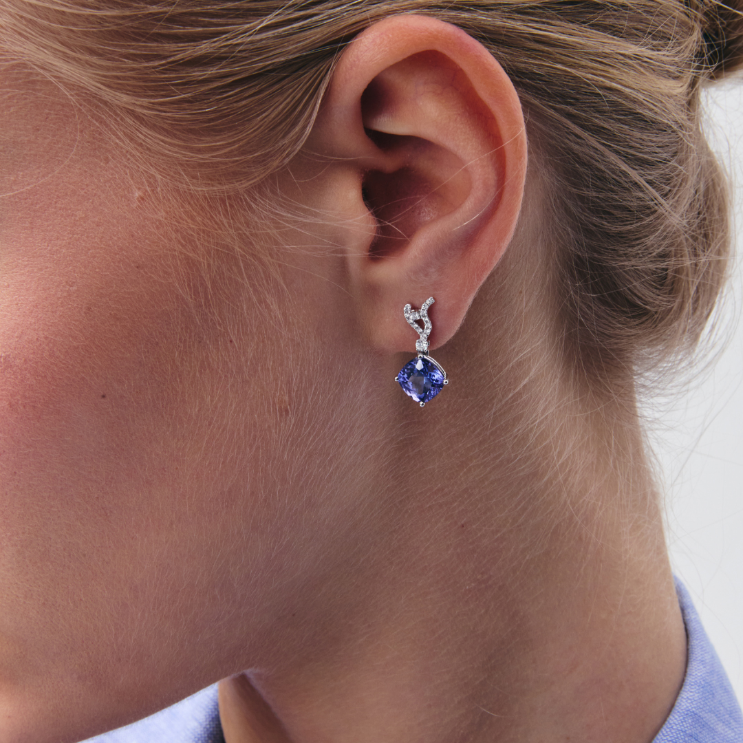 Wings Over Water Cushion Tanzanite and Diamond Wave Detail Earrings