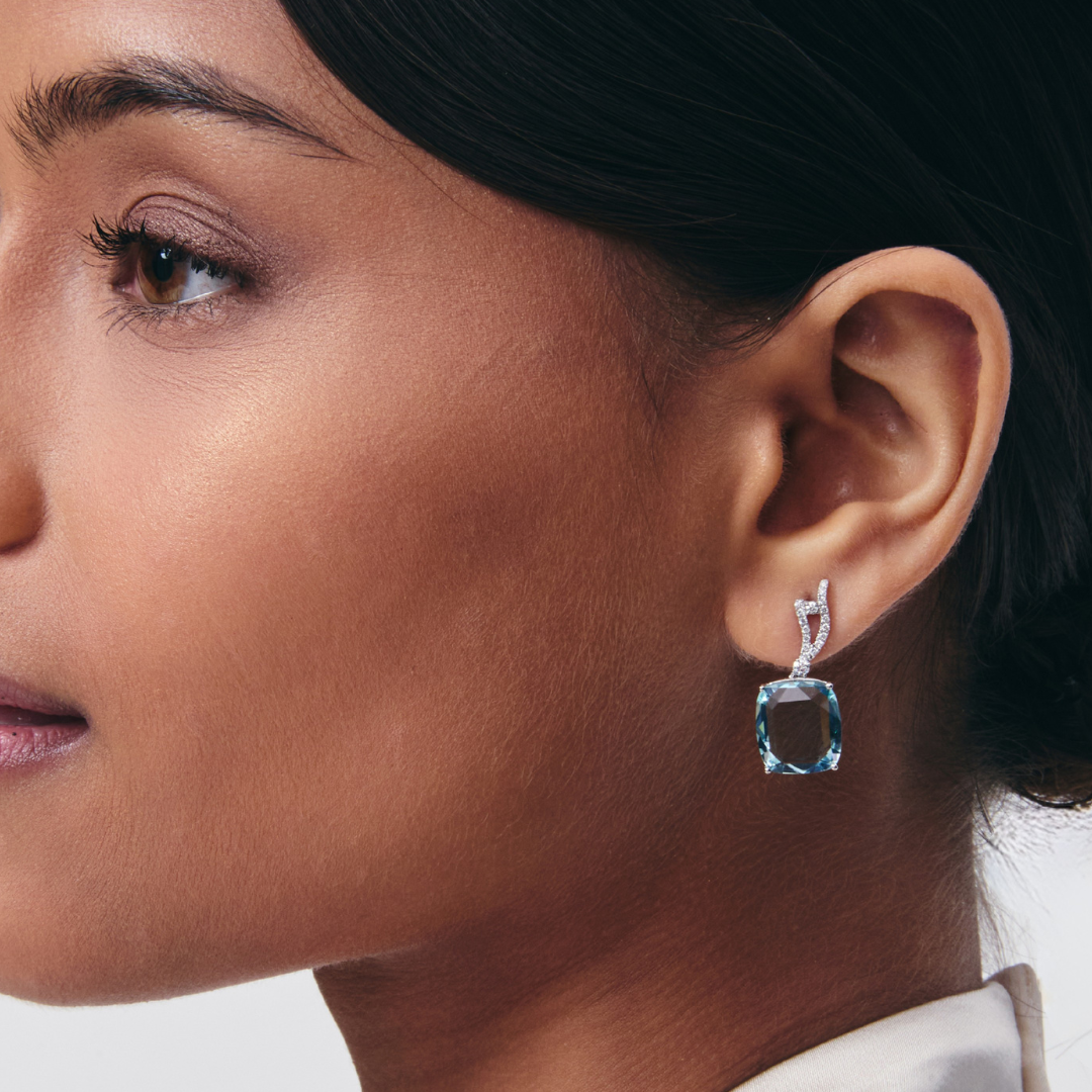 Wings Over Water Portrait Cushion Aquamarine and Diamond Wave Detail Earrings