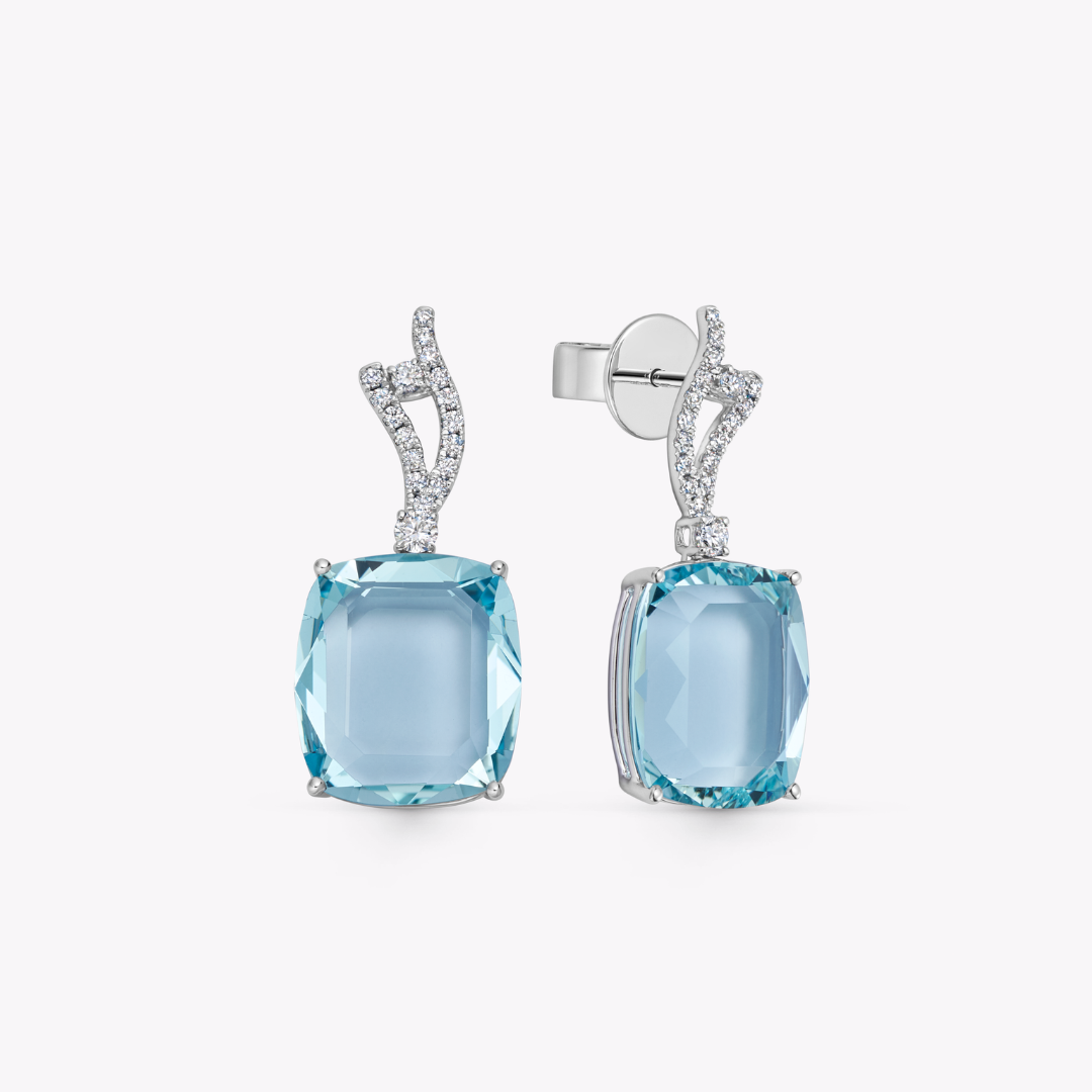 Wings Over Water Portrait Cushion Aquamarine and Diamond Wave Detail Earrings