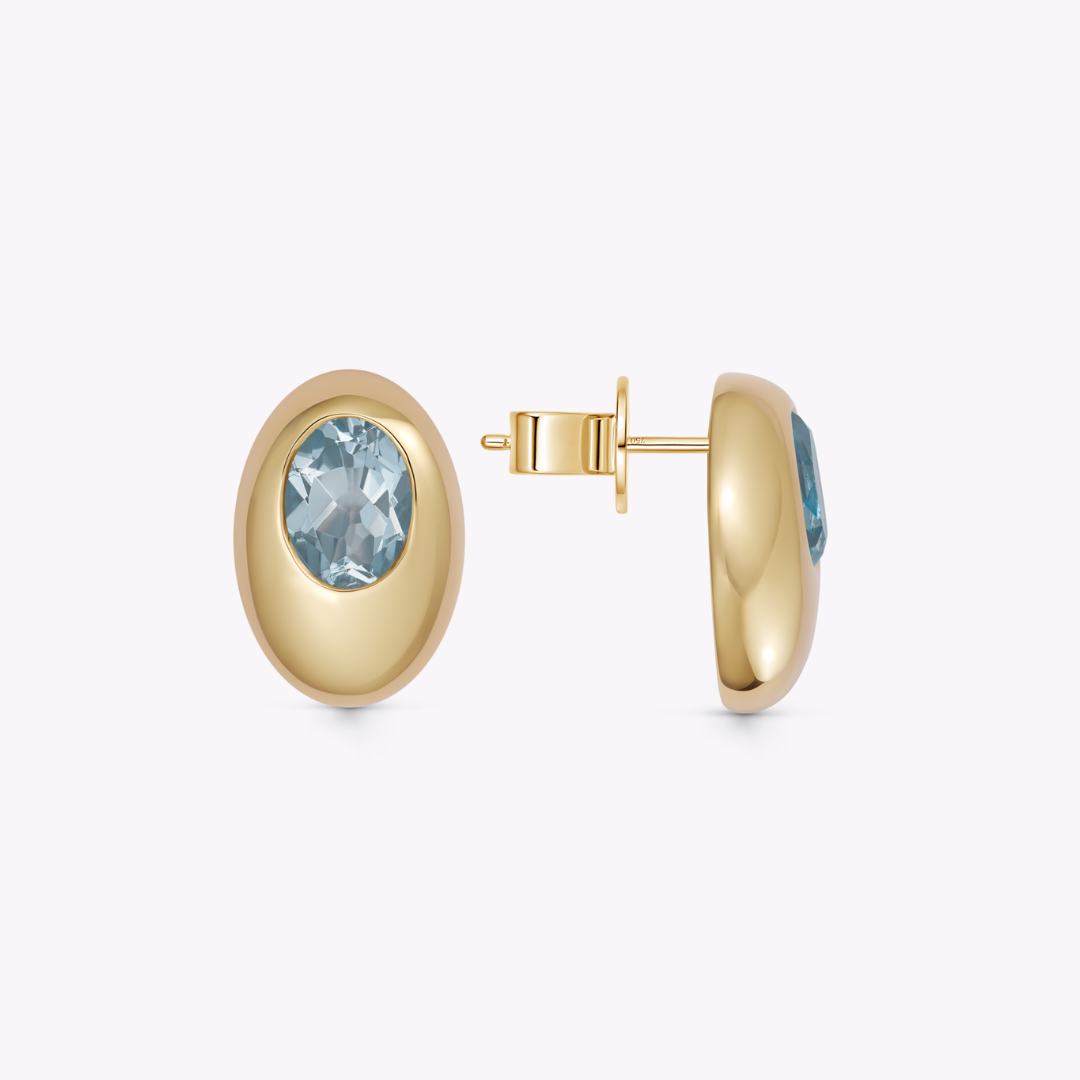 Everyday Gold Blue Topaz Top Domed Oval Earrings