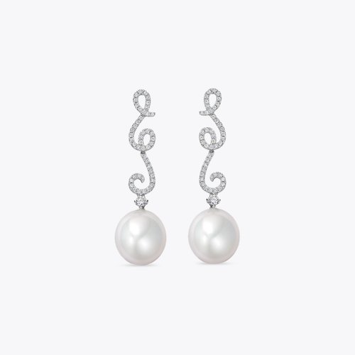 Pearl Round and Diamond Ribbon Earrings