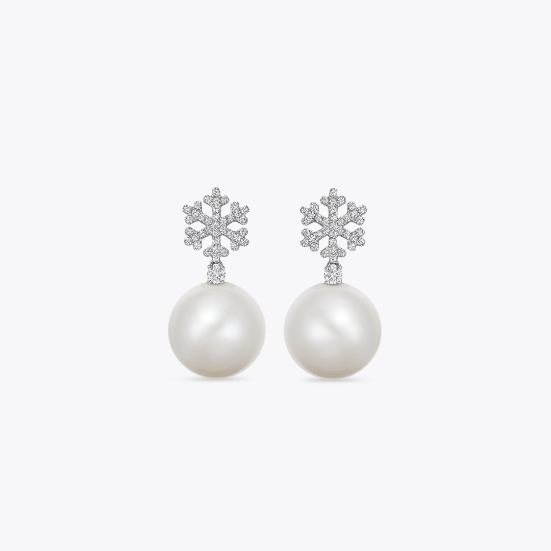 Pearl Round and Diamond Snowflake Earrings