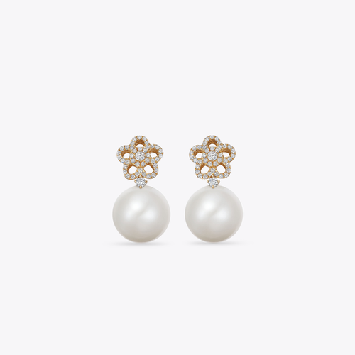Pearl Round and Diamond Flower Earrings
