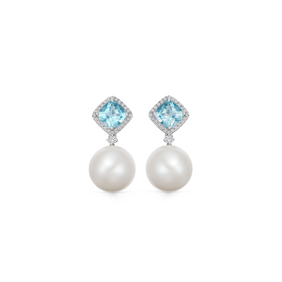 Pearl Round and Blue Topaz Cushion Earrings