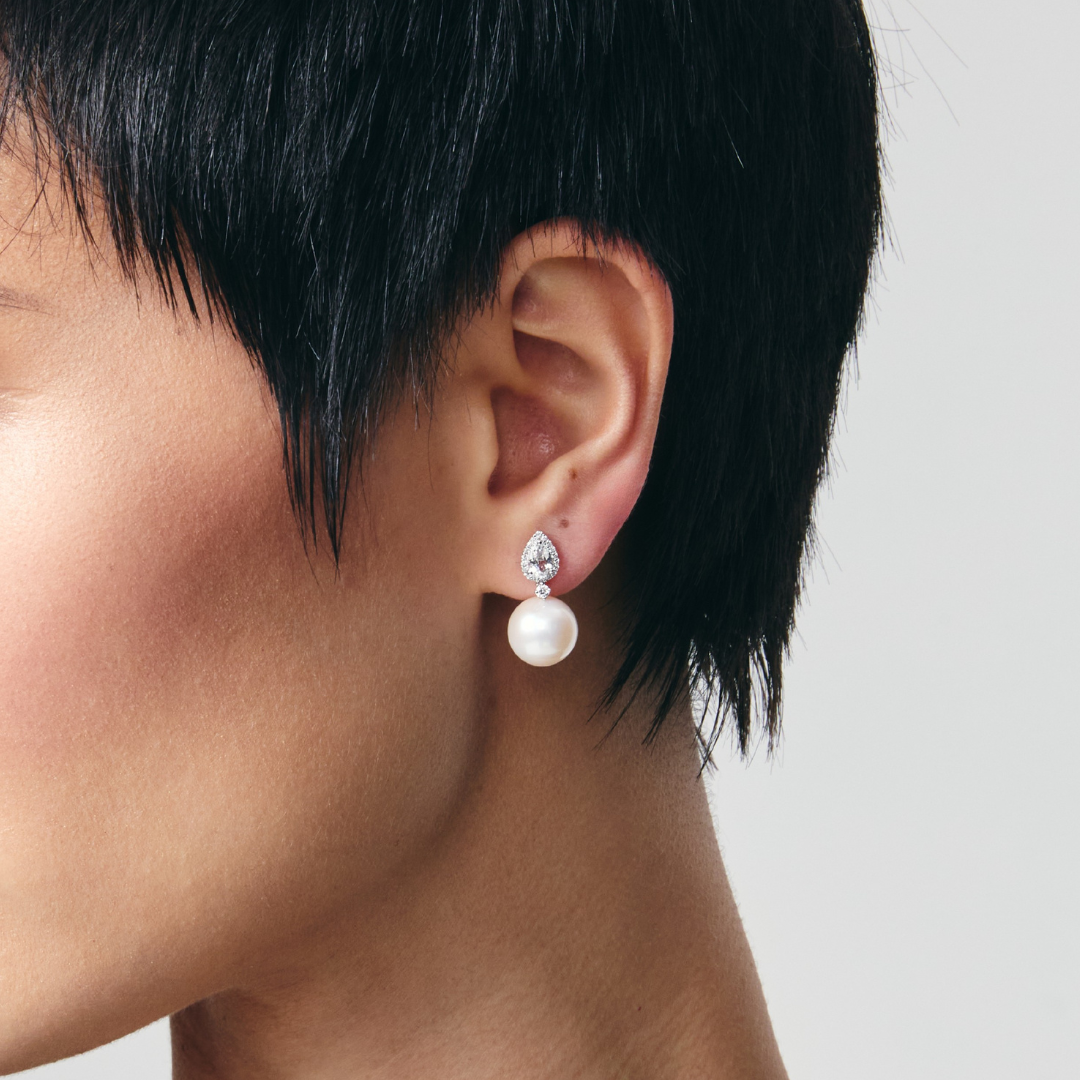 Pearl Round and White Topaz Pear Earrings