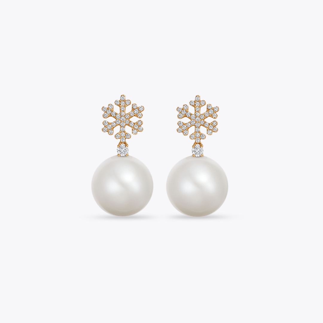Pearl Round and Diamond Snowflake Earrings