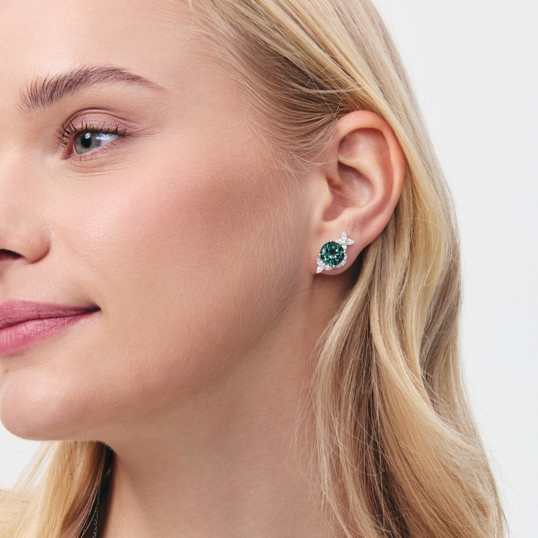Thorns & Roses Oval Green Tourmaline and Diamond Stud Earrings
