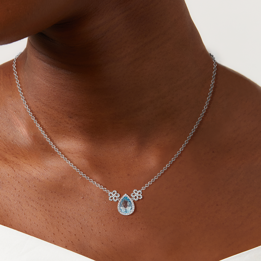 Special Editions Aquamarine Pear and Diamond Daisy Necklace