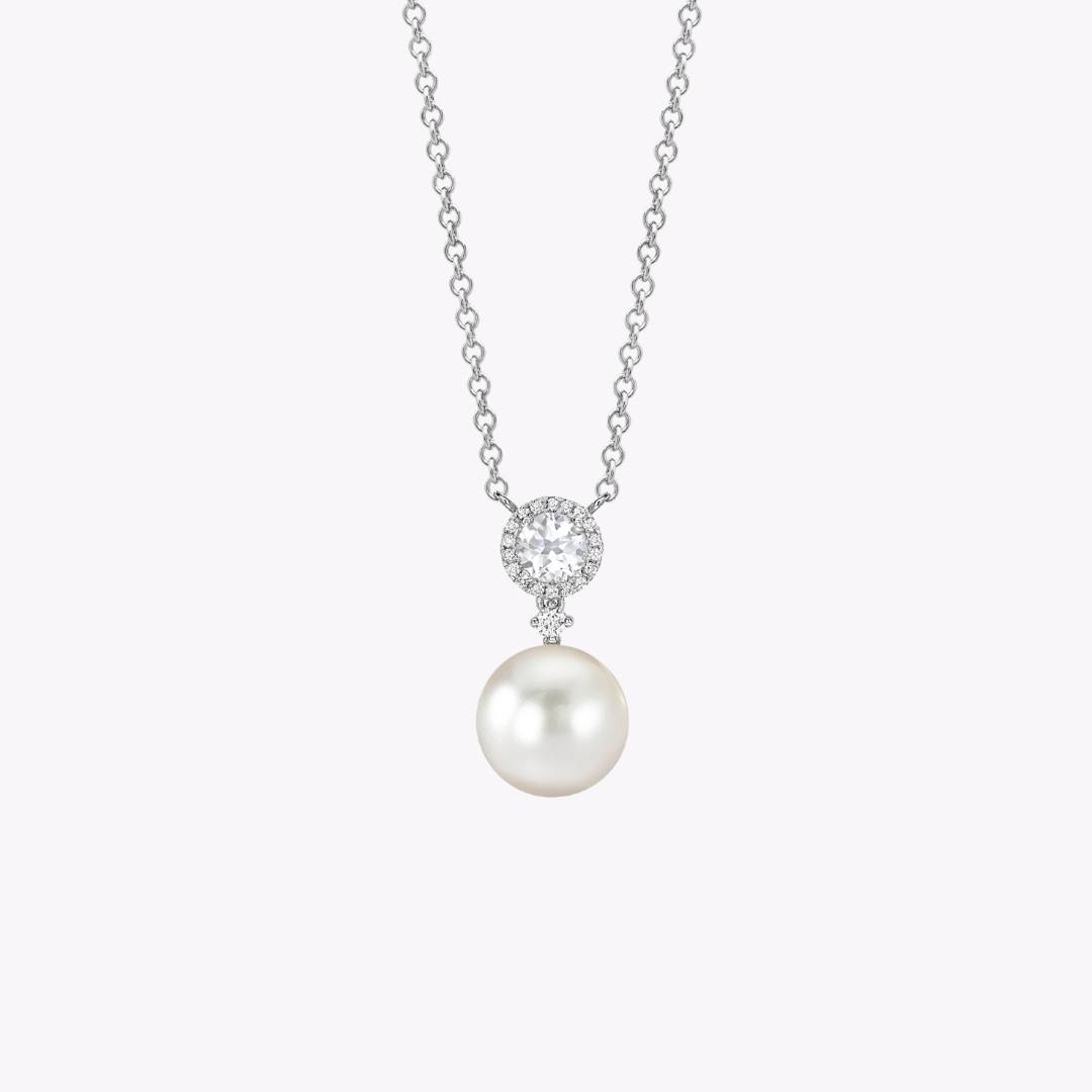 Pearl, White Topaz and Diamond Pendant Necklace