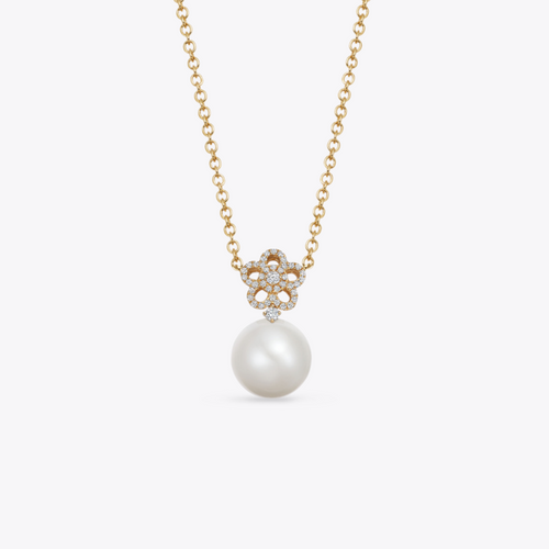 Pearl Round and Diamond Flower Necklace