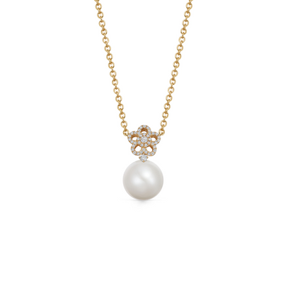 Pearl Round and Diamond Flower Necklace