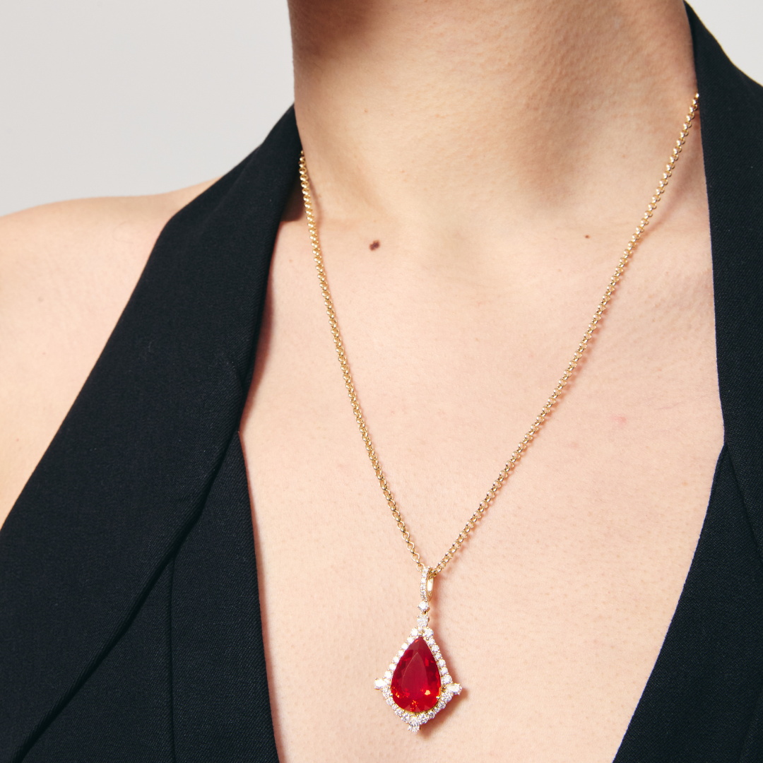 Special Editions Pear Fire Opal and Diamond Frame Pendant