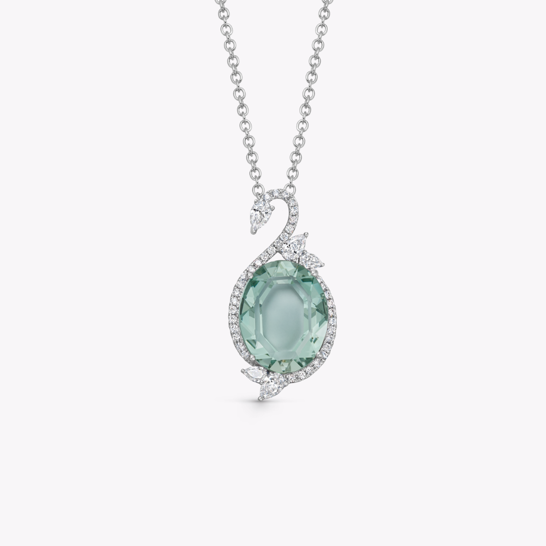 Wings Over Water Oval Green Beryl and Diamond Swan Pendant