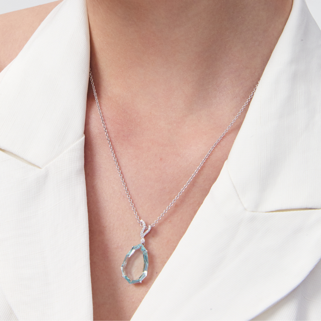 Wings Over Water Pear Green Beryl and Diamond Wave Detail Pendant