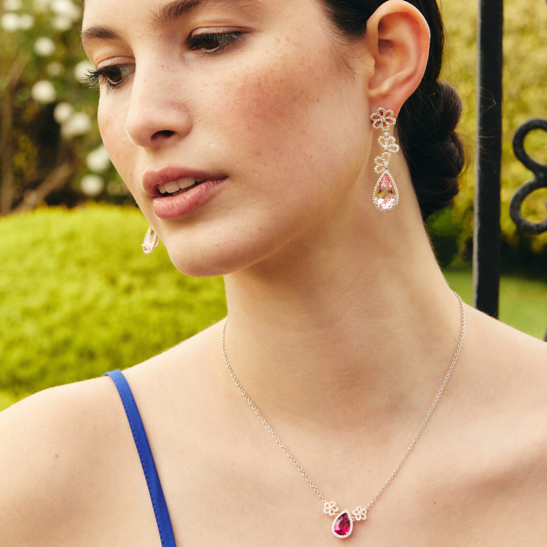 Special Editions Pink Tourmaline Pear and Diamond Daisy Necklace