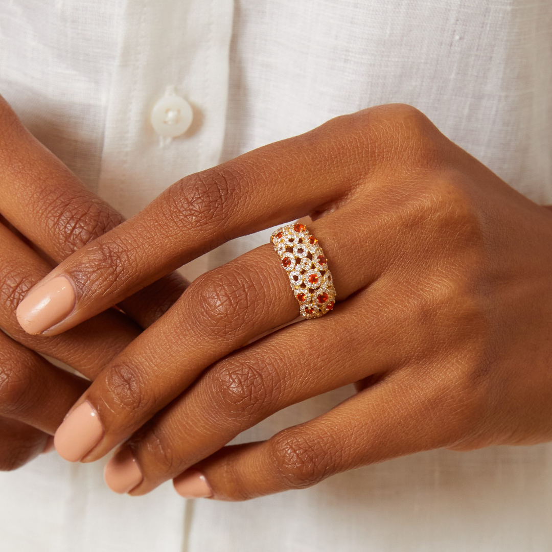 Bubbles Fire Opal and Diamond Dome Ring