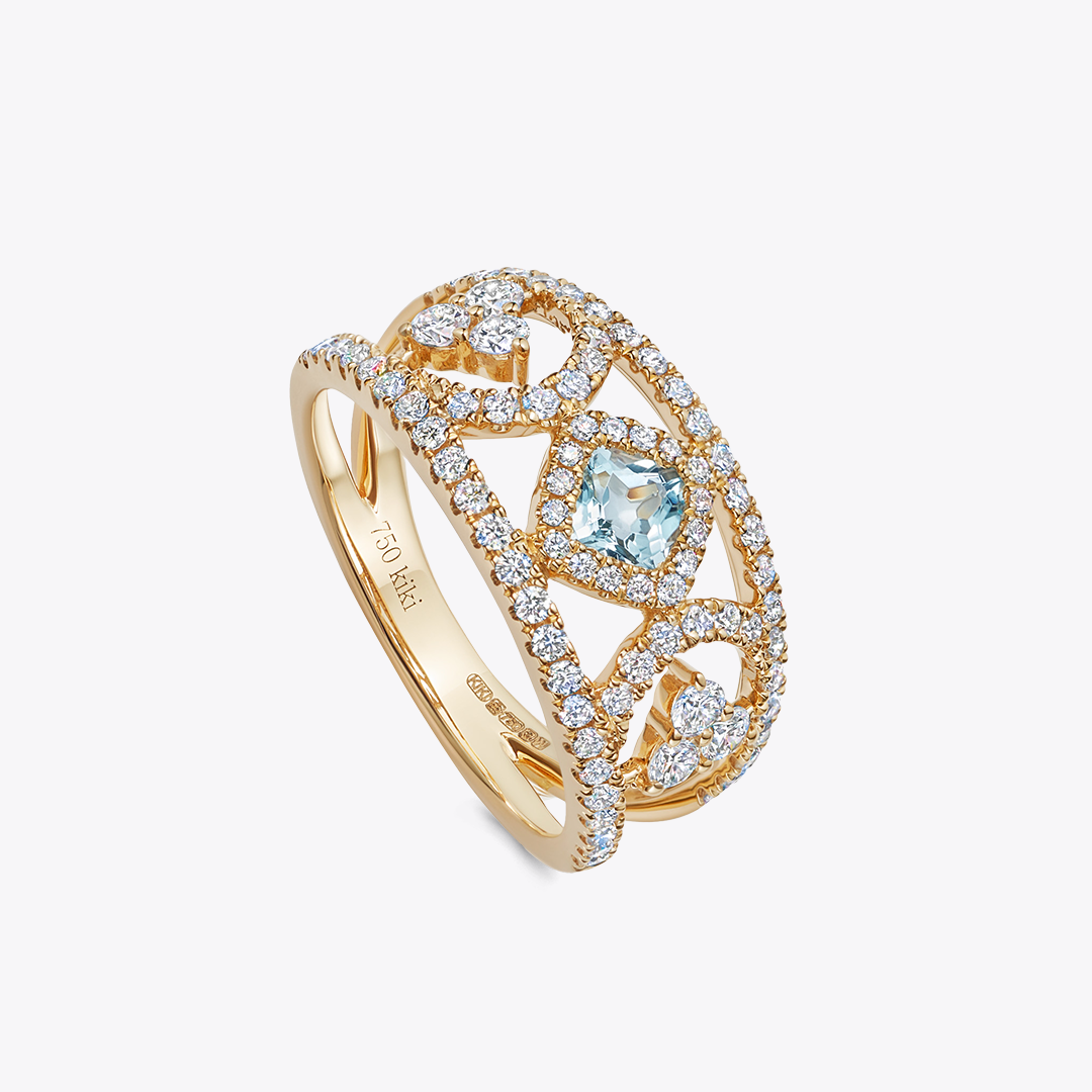 Firefly Cushion Cut Blue Topaz and Diamond Ring in 18ct Yellow Gold