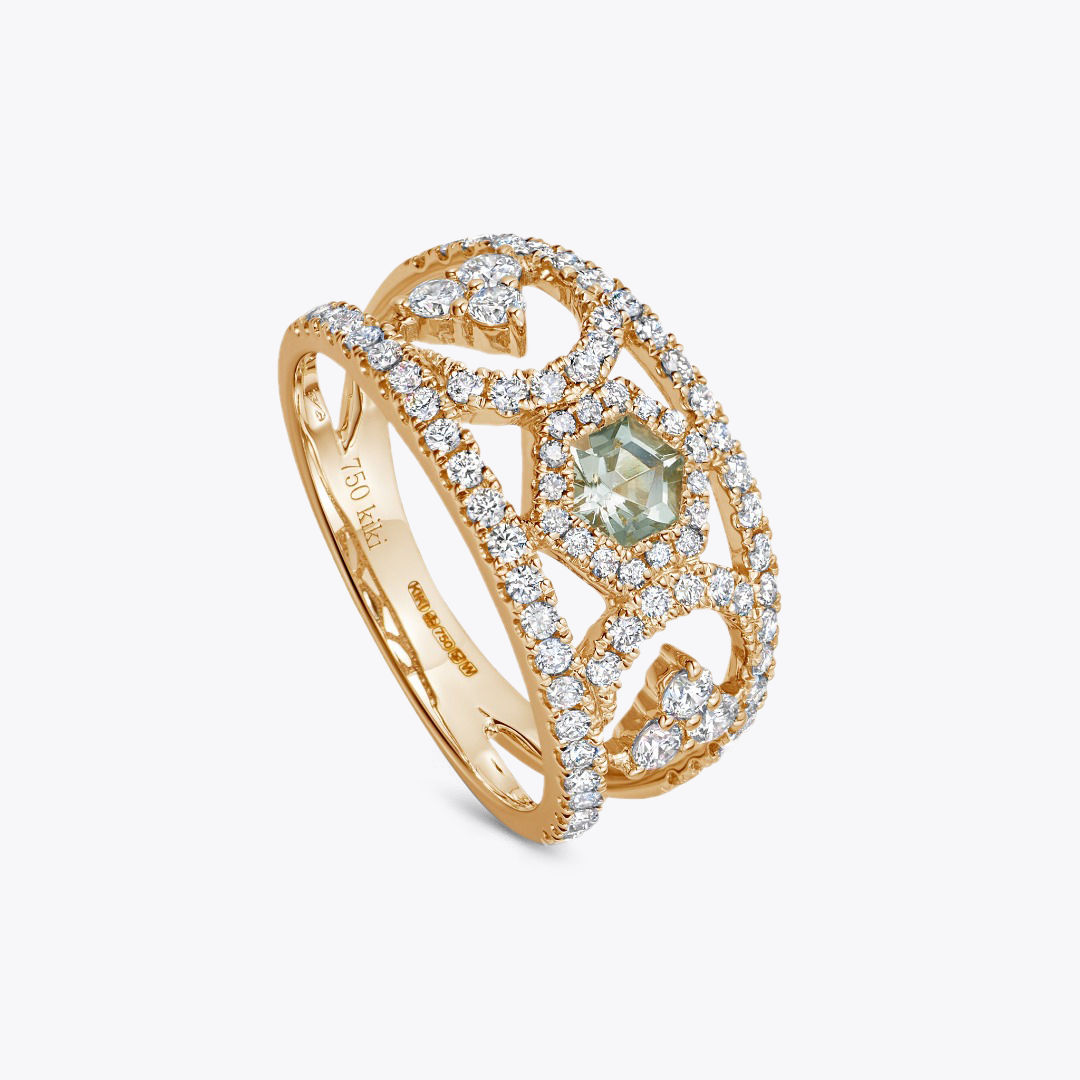 Firefly Hexagon Cut Green Amethyst and Diamond Ring
