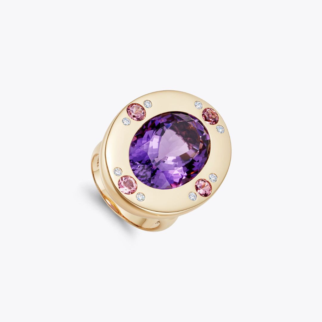 Jazz Oval Amethyst, Pink Tourmaline and Diamond Detail Ring