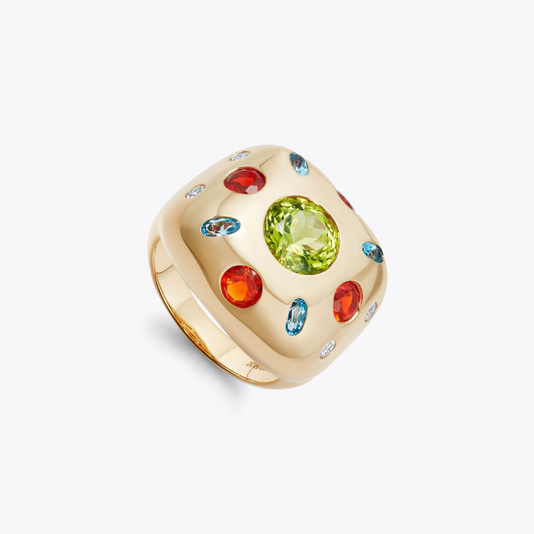 Jazz Peridot, Fire Opal, Blue Topaz and Diamond Detail Ring