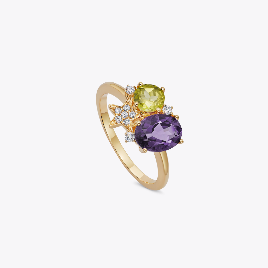 Fireworks Amethyst, Peridot and Diamond Cluster Ring