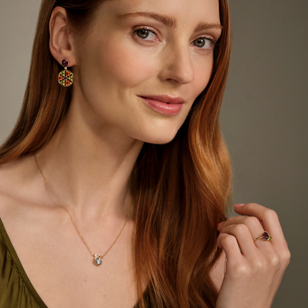 Fireworks Amethyst, Peridot and Diamond Cluster Ring