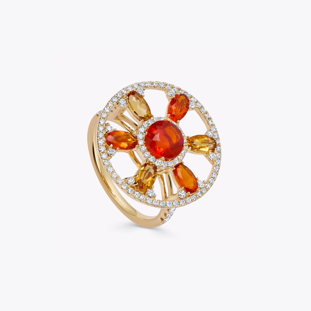 Fireworks Citrine, Fire Opal and Diamond Round Sparkler Ring