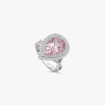 Special Editions Pear Morganite and Double Diamond Halo Ring in 18ct White Gold