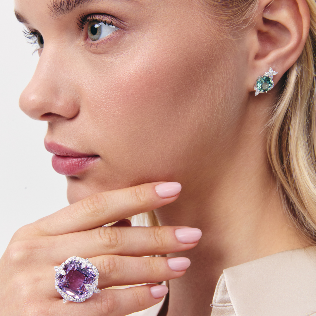 Thorns & Roses Round Green Tourmaline and Diamond Stud Earrings