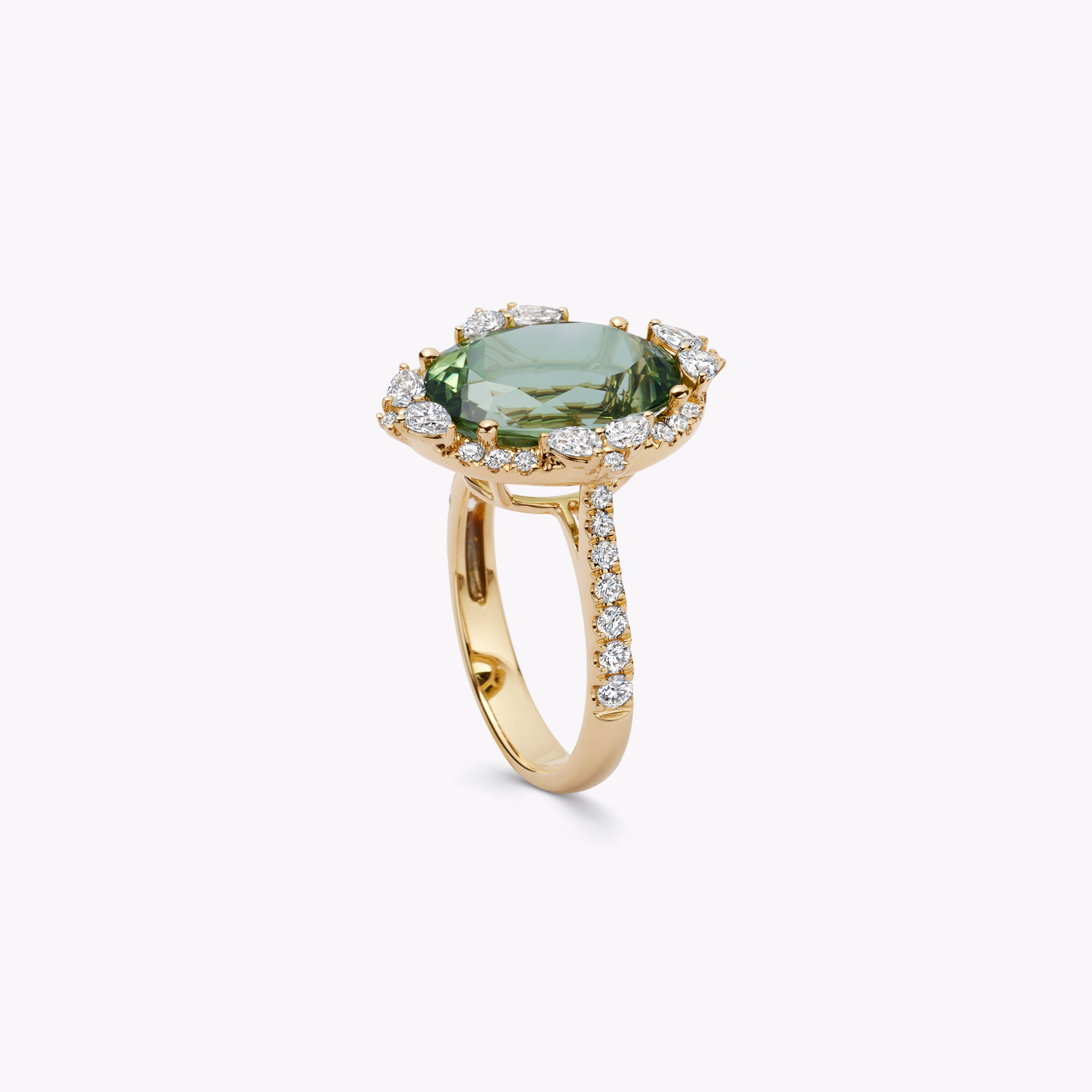 Thorns & Roses Oval Light Green Tourmaline and Diamond Ring