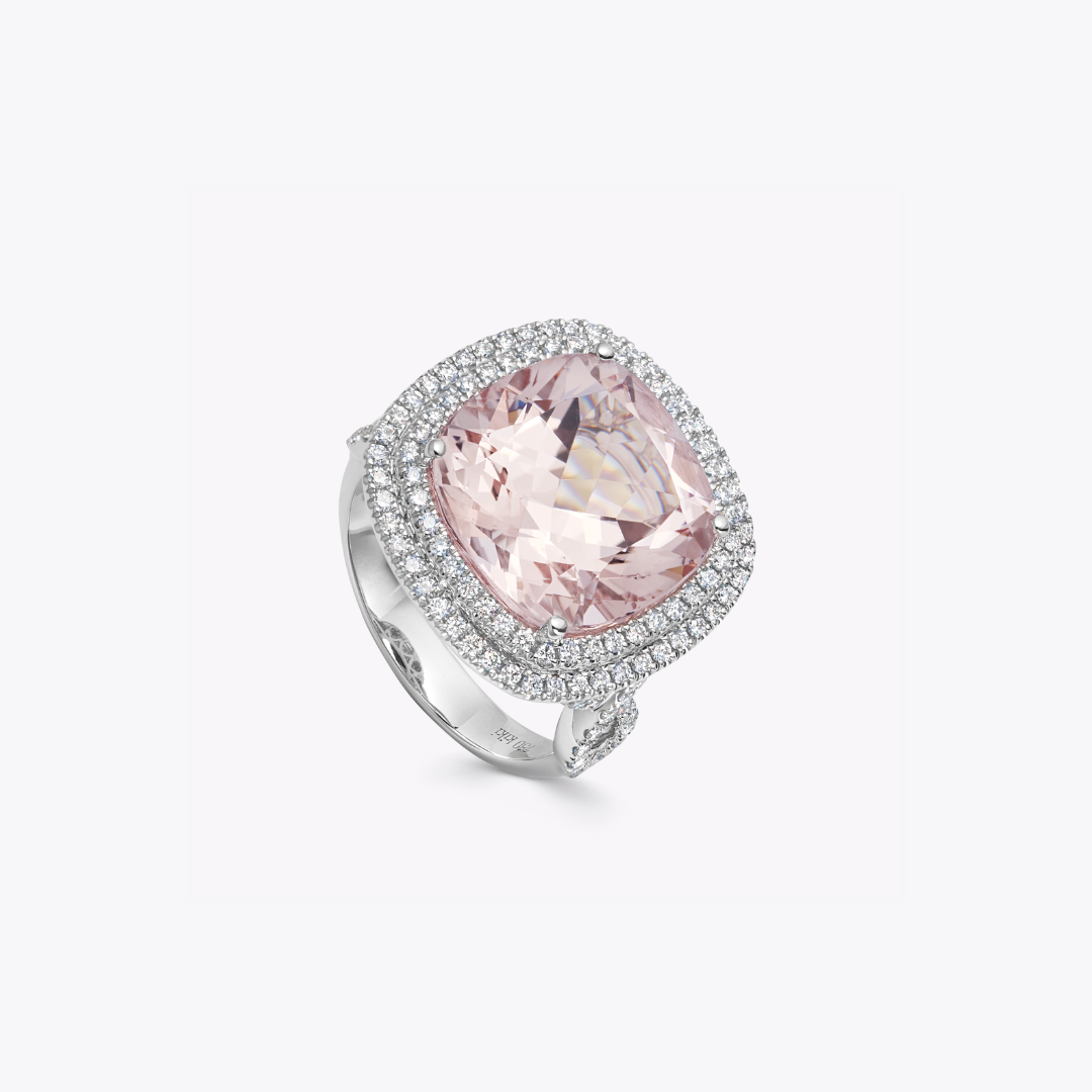 Special Editions Morganite and Double Diamond Halo Ring