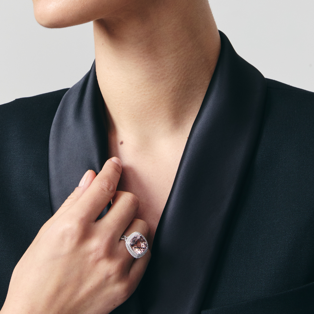 Special Editions Morganite and Double Diamond Halo Ring