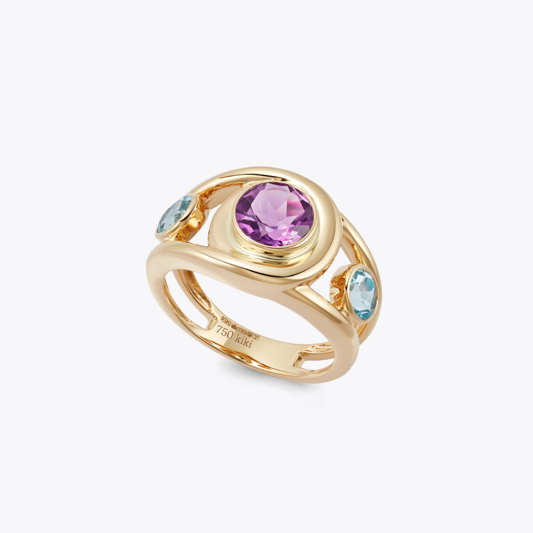 Forget-Me-Not Triple Stone Amethyst and Blue Topaz Ring