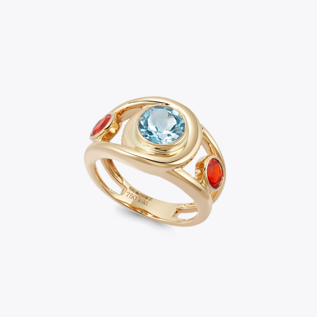 Forget-Me-Not Triple Stone Blue Topaz and Fire Opal Ring