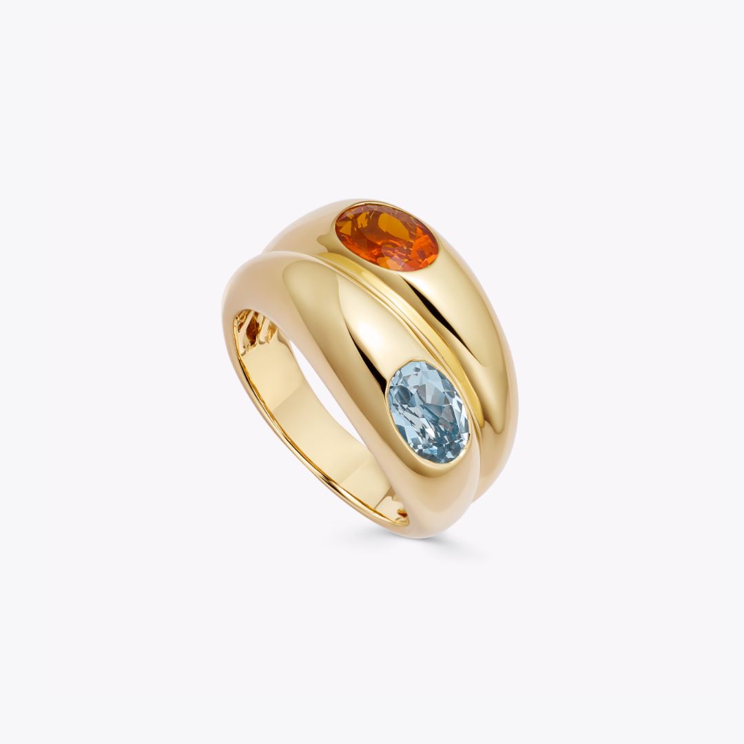 Everyday Gold Blue Topaz and Fire Opal Double Band Ring