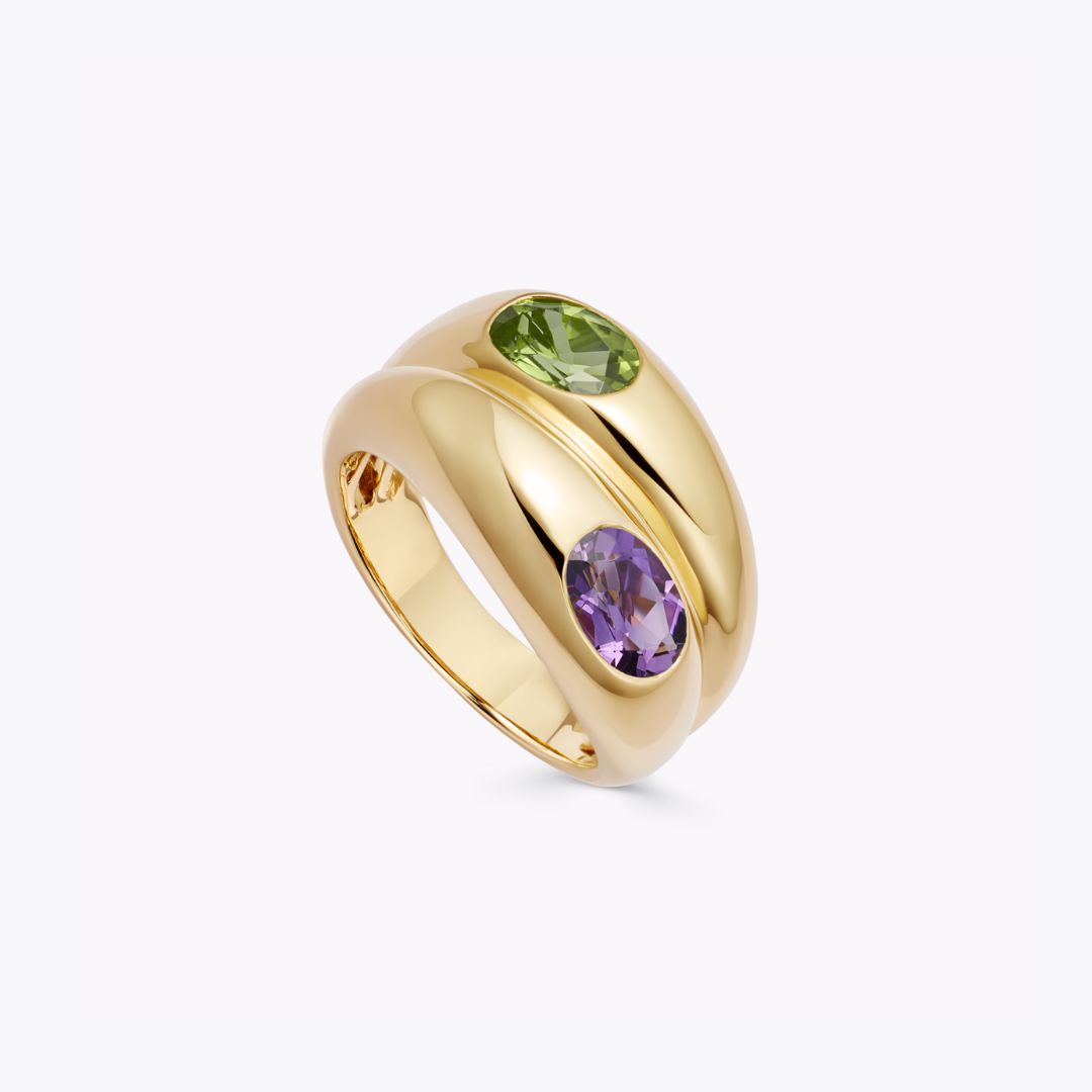 Everyday Gold Amethyst and Peridot Double Band Ring