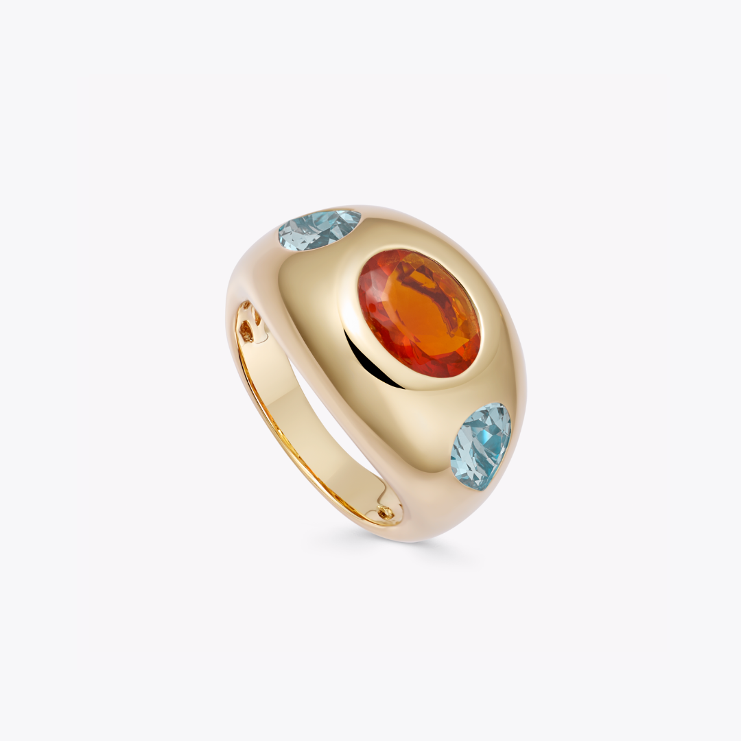 Everyday Gold Oval Fire Opal and Pear Blue Topaz Ring