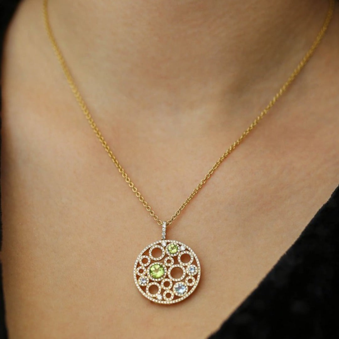 Bubbles Large Peridot, Blue Topaz and Diamond Pendant