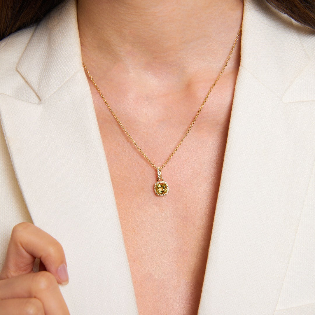 Kiki Cushion Mini Lemon Quartz and Diamond Pendant Necklace